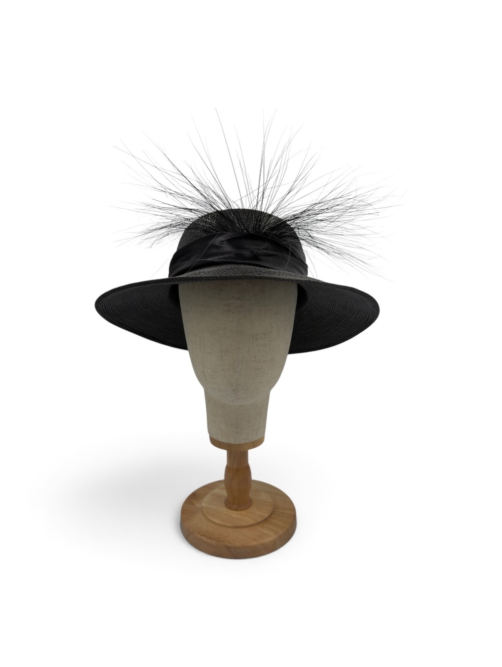 Vintage Michael Howard Black Straw Wide Brim Hat with Feather Accent Made in USA
